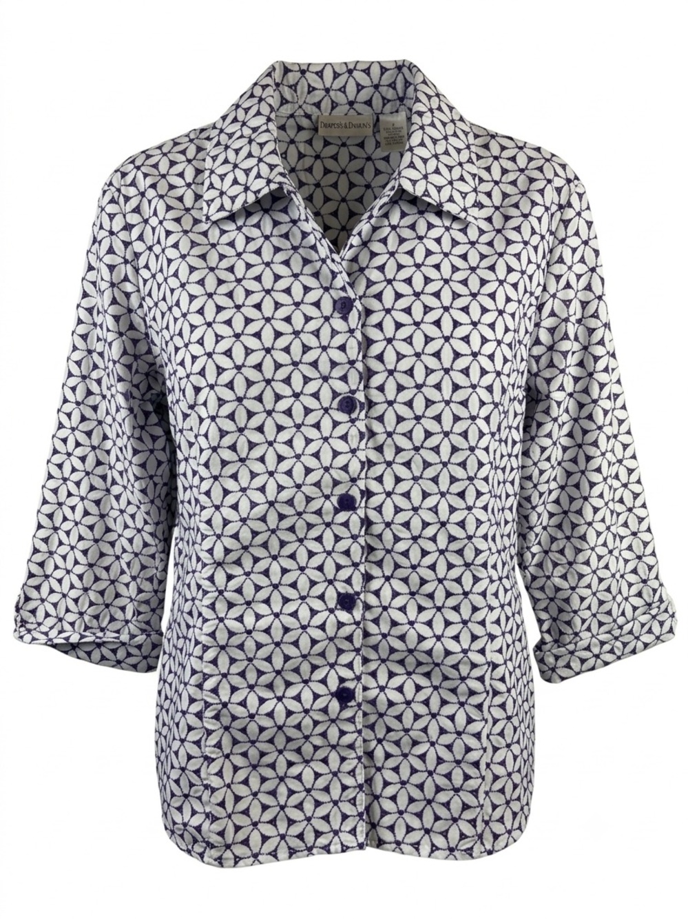 Draper's & Damon's White and Purple Geometric Button-Up Shirt 1X